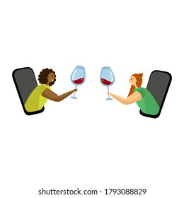 An illustration of two women with glasses of wine in their hands, celebrating something via smartphone app.Social distancing. Online dating. Vector illustration.