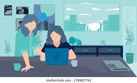 Illustration of two women looking at a laptop searching the web for news, design in predominantly cold color