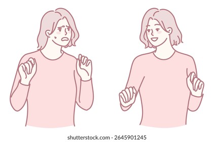 Ilustração de duas mulheres, uma com medo e a outra com felicidade, mostrando suas emoções contrastantes