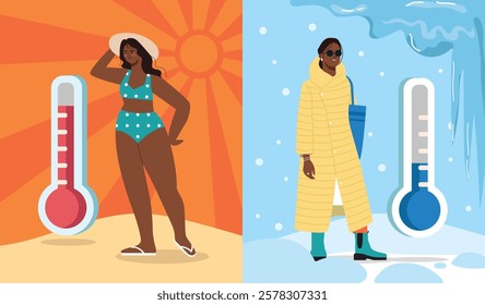 Illustration of two women, one in summer attire with a thermometer showing heat, and another in winter wear with a thermometer showing cold, on contrasting backgrounds. Vector illustration.