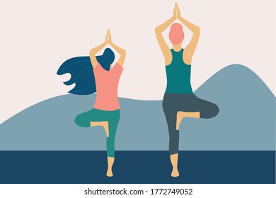 Illustration of two women practicing the tree pose of yoga. Fitness and wellness