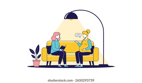 Ilustração de duas mulheres sentadas em um sofá conversando sob uma lâmpada