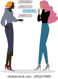 Illustration of two women standing talking.
