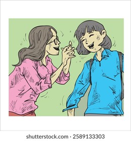  illustration of two women talking happily