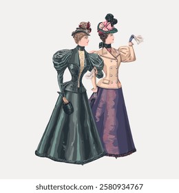 Illustration of two women in Victorian-era fashion, wearing elegant dresses with puffed sleeves and hats. Vintage style, historical attire, 19th-century fashion. Vintage woman illustration vector.