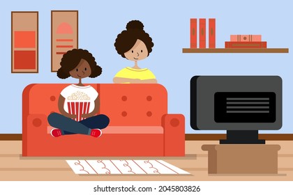 An illustration of two women watching TV in their home interior. Biracial couple concept. LGBTQIA+ people every day life.