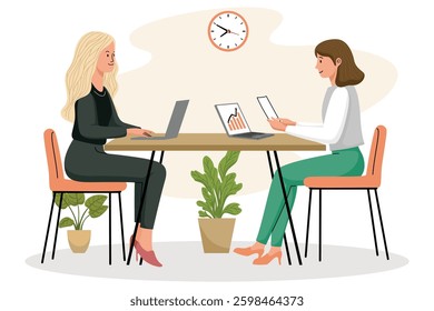 Illustration of two women working in an office with laptops  
