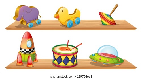 Illustration two wooden shelves and different objects white background
