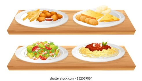 Illustration of the two wooden trays with four plates full of foods on a white background