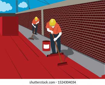 Illustration Of Two Workers Water Proofing A Ceiling