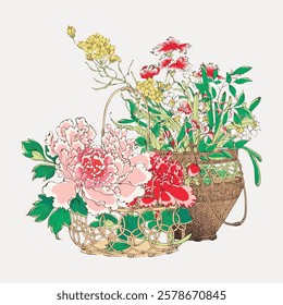 Illustration of two woven baskets filled with vibrant flowers. Floral arrangement includes peonies and other blooms. Decorative and colorful floral art. Vintage flower illustration isolated, vector.