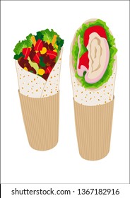 Illustration of two wraps, chicken and beef.