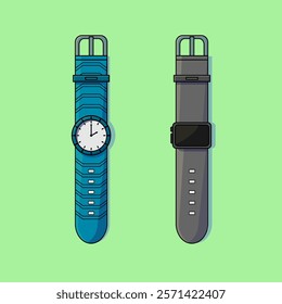 Illustration of two wristwatches on a light green background. The left shows a blue analog watch, and the right displays a gray digital smartwatch. The composition contrasts classic and modern style.