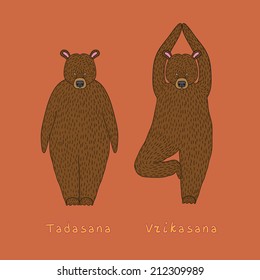 Illustration of two yoga bears - tadasana and vrikasana poses eps 10 file