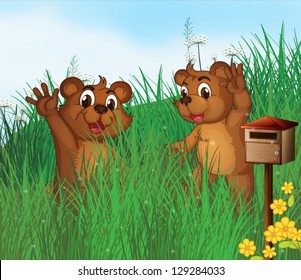 Illustration of the two young bears near a wooden mailbox