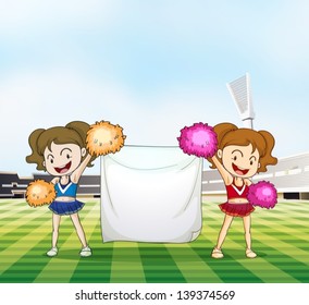 Illustration of the two young cheerers with an empty banner