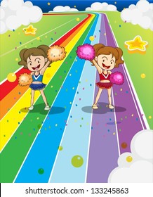 Illustration of the two young cheerleaders dancing at the colorful road