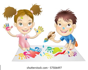 illustration of two young children playing with paints