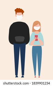illustration of two young girls and boys wearing masks,