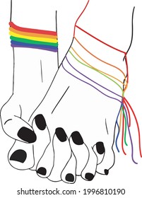 Illustration of two young girls holding each other's hands with bracelets in pride flag color, the concept of female friendship and the LGBT community