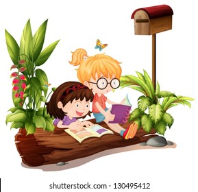 Illustration of the two young girls near the wooden mailbox on a white background