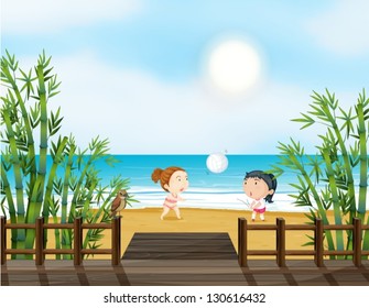 Illustration of the two young girls playing volleyball at the beach