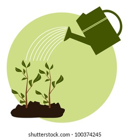 Illustration of two young green plants been watered.