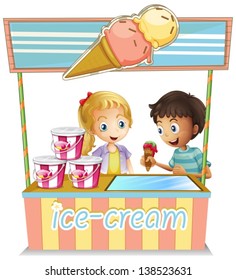 Illustration the two young kids at the ice cream stand white background