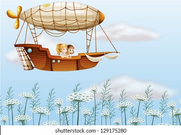 Illustration of two young ladies carried by the airship