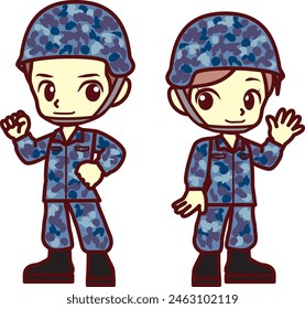 Illustration of two young people in maritime camouflage uniforms
