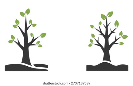 Illustration of two young trees with green leaves growing in dark soil, symbolizing growth and nature.