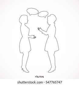 Illustration of two young women having a conversation.  Icon Isolated on White Background. 