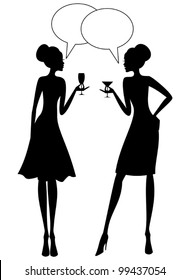 Illustration of two young women having a conversation at a cocktail party.