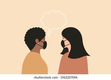 Illustration of two young women talking wearing a medical face mask. Vector