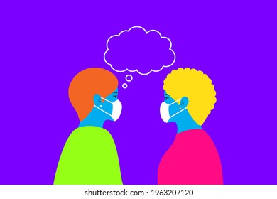 Illustration of two young women talking wearing a medical face mask. Vector