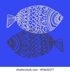the illustration of two zentangle fish on blue background