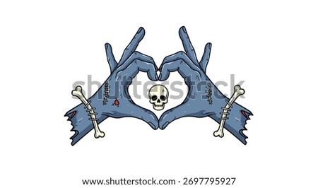 Illustration of two zombie hands forming a heart shape with a skull in the center.