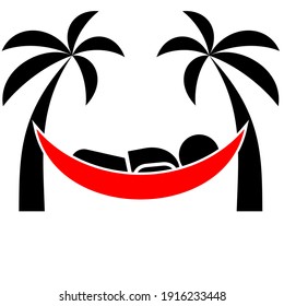 illustration of a two-color human icon during a relaxing scene with a hammock, which is usually a special guide or organizer for people who want to relax