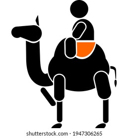 Illustration of a two-color human icon during the scene of riding a camel which is usually used for instructions or advice on riding a camel