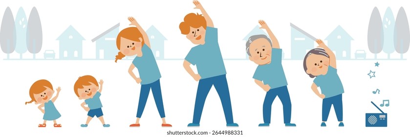 Illustration of a two-generation family doing radio calisthenics