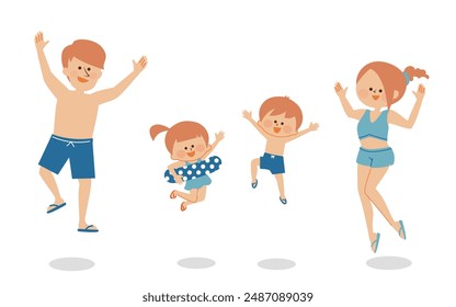 Illustration of a two-generation family jumping in swimsuits