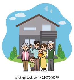 Illustration of a two-generation family standing in front of their own home. Vector illustration on white background.