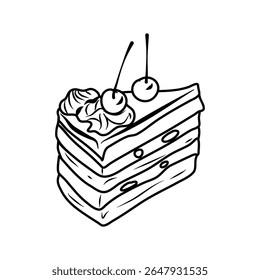 Ilustração de um bolo de duas camadas com cobertura de chocolate e cerejas no topo, definido contra um fundo preto Use para projetos relacionados a sobremesa ou pastelaria.
