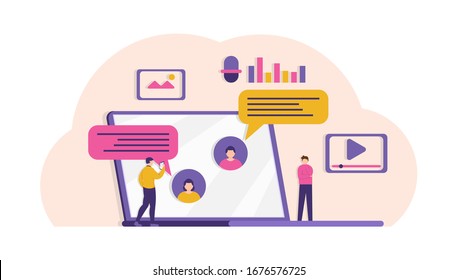 illustration of a two-person chat using a chat application on a laptop and a small person listening. communication concepts, discussion forums, and online chat. flat design