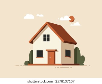 Illustration of a two-storey detached house with bushes