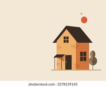 Illustration of a two-storey detached house with a tree, copy space on left side