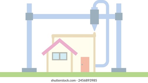 Illustration of a two-story house being constructed using a 3D printer