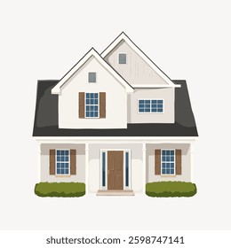 Illustration of a two-story house with a dark roof, white walls, and brown shutters. The house features two front windows and a central door. House design with classic elements. Vector illustration.