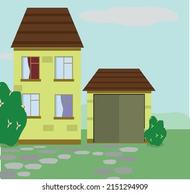 Illustration of a two-story house with a garage, bushes with flowers nearby, a stone path. Against the background of a blue sky with clouds