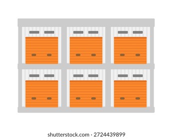 Una ilustración de un edificio de dos pisos de autoalmacenamiento con filas de persianas naranjas.
